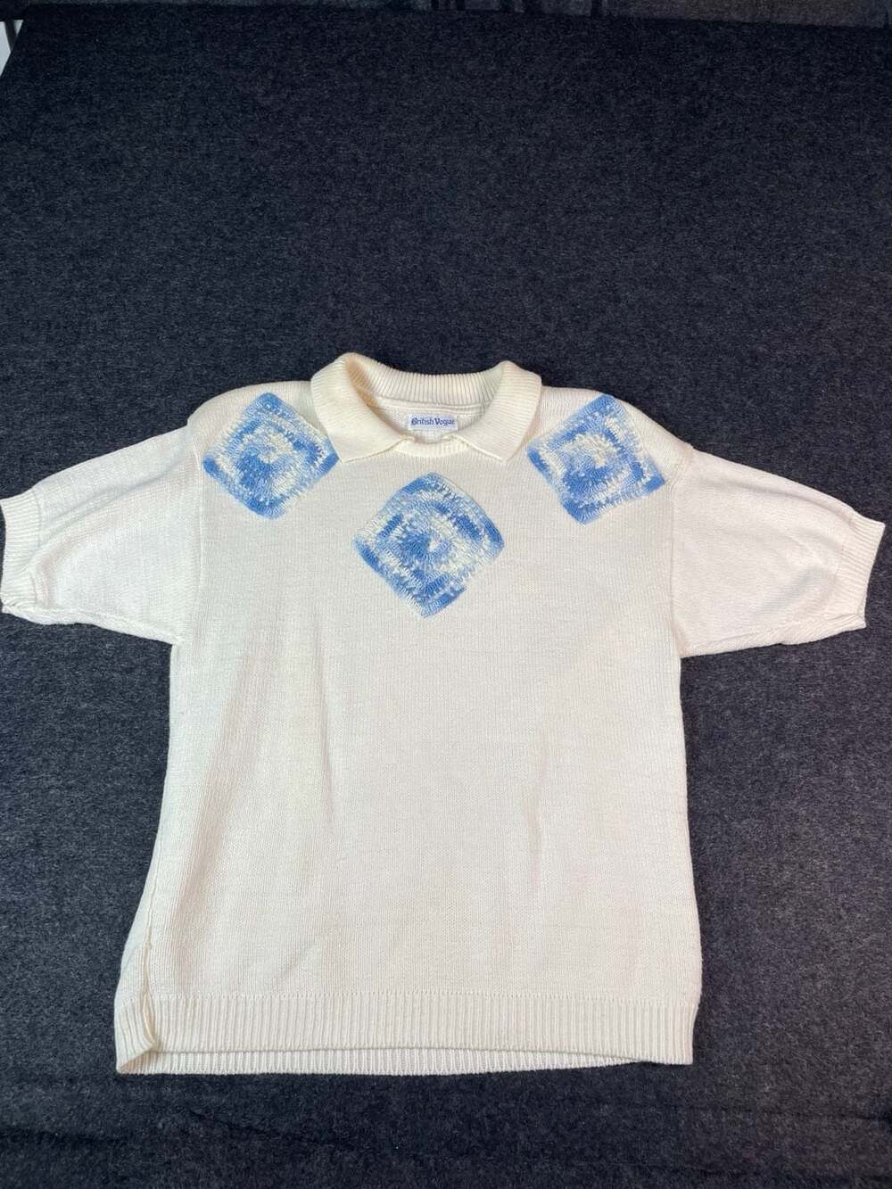 British Vogue Knit Polo Shirt White Blue Crochet Squares small